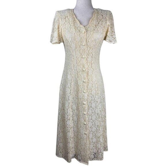 Vintage Dawn Joy Cream Lace Button Front Midi Dress Petite - Picture 6 of 7